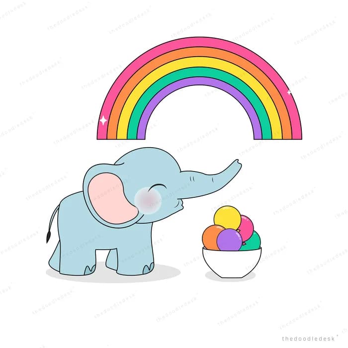 Elephant with a bowl of ice cream under a rainbow