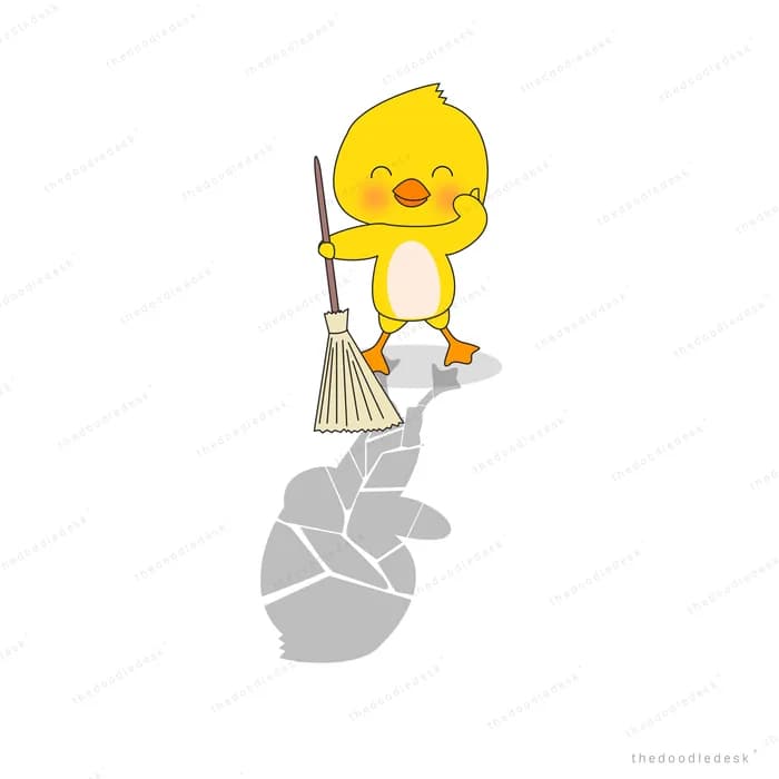 Chick sweeping with a broom and a long shadow
