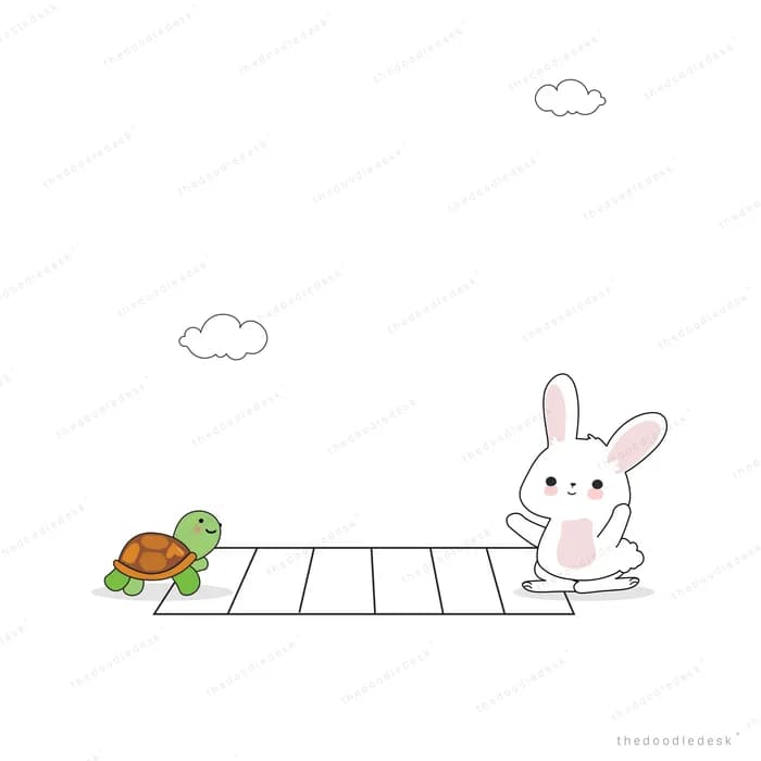 Rabbit and turtle at opposite ends of a race track