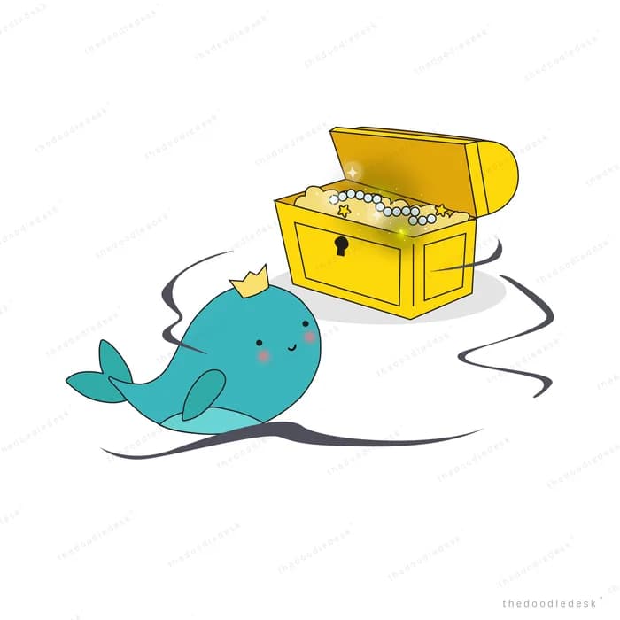 Whale beside an open treasure chest of orbs