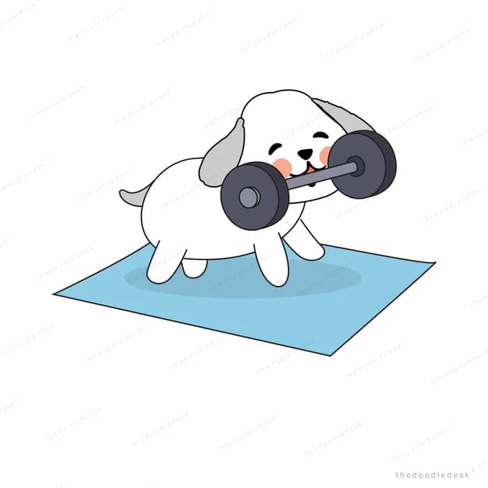 Dog lifting a dumbbell on a blue mat