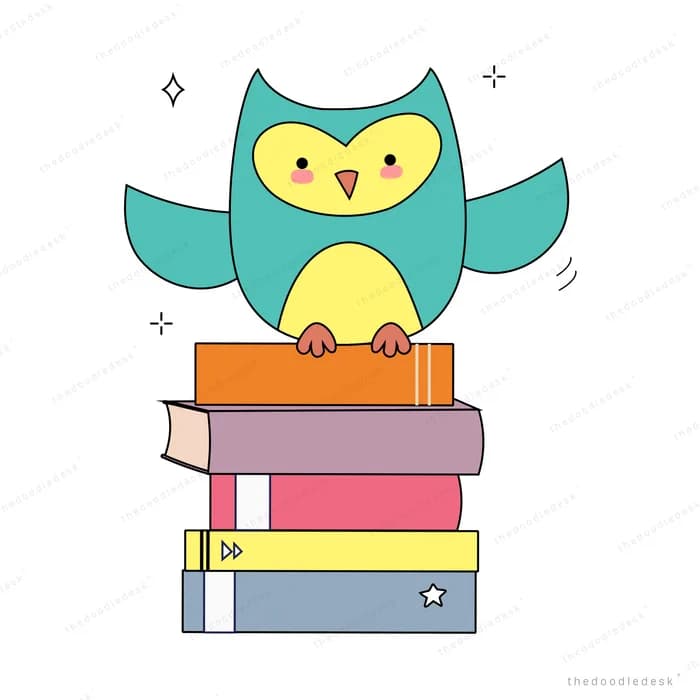 Owl perched on a stack of colourful books