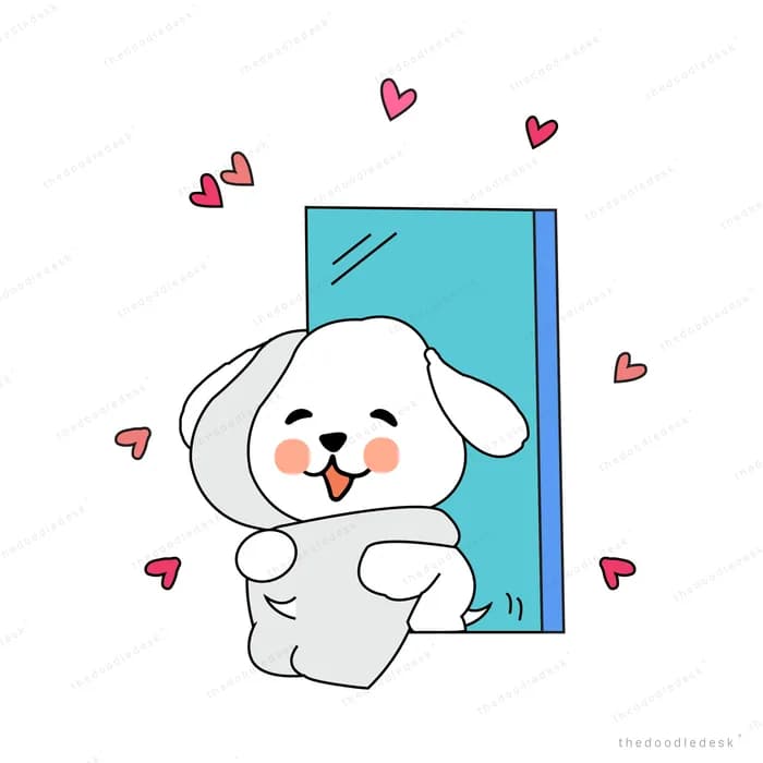 Dog beside a small blue door with hearts