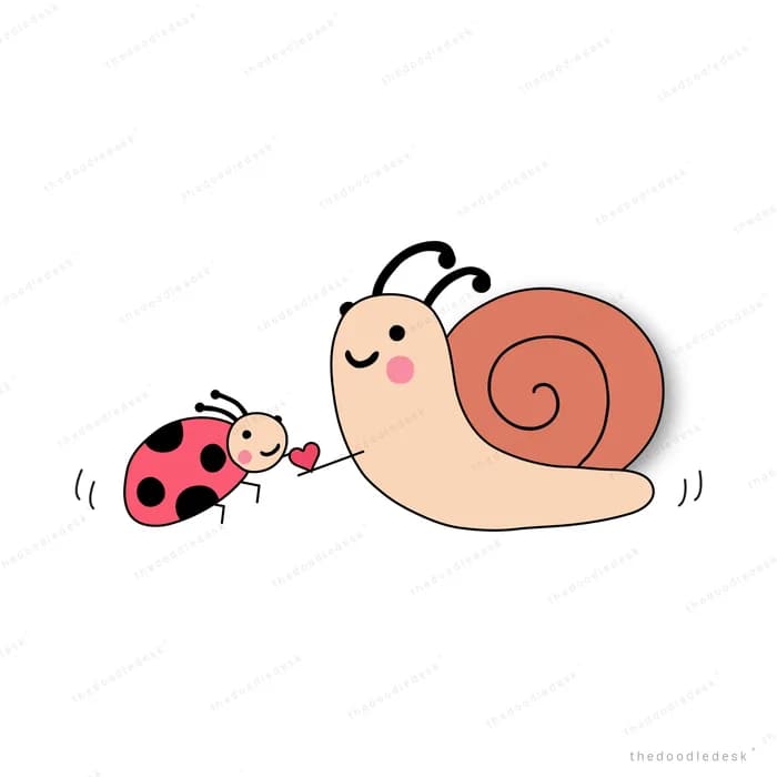 Snail turning toward a ladybug