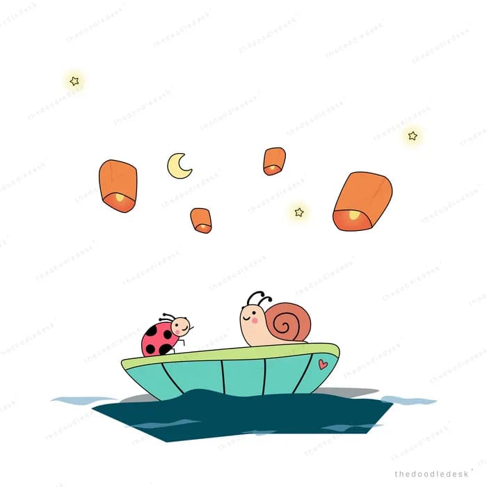 Snail on a leaf boat under floating lanterns