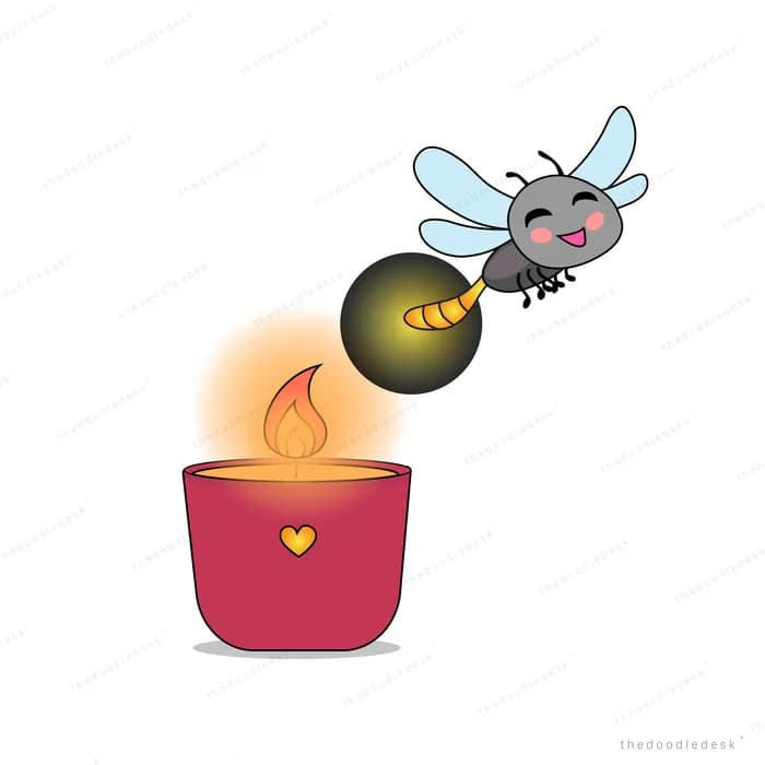 Insect above a lit candle in a red holder