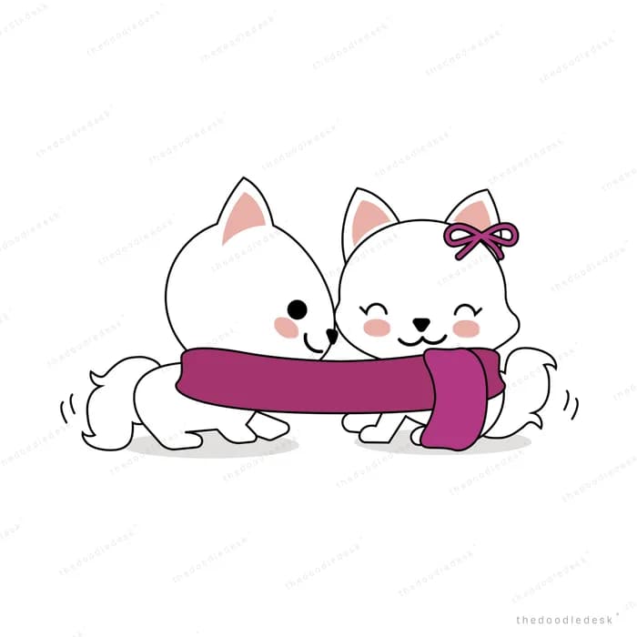 Two cats sharing a long purple scarf
