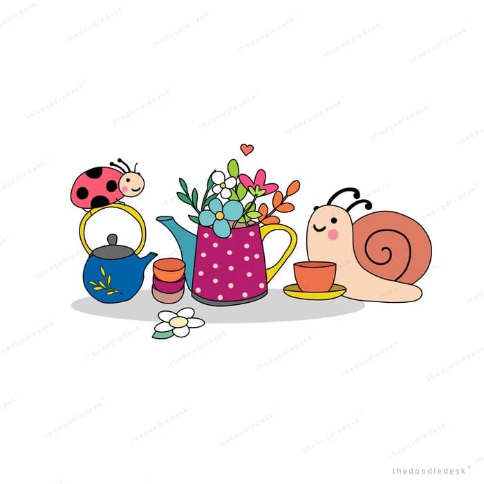 Snail and ladybug around jars of flowers and cake