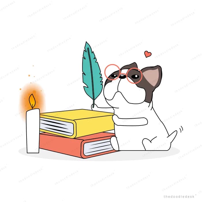 Dog in sunglasses beside books and a candle