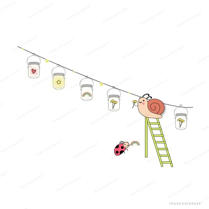 Snail on a ladder hanging lanterns on a line