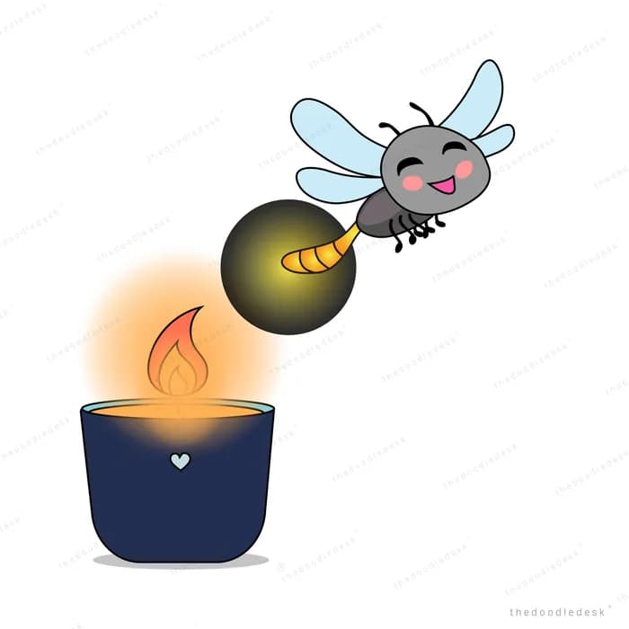 Insect hovering over a lit candle in a dark holder