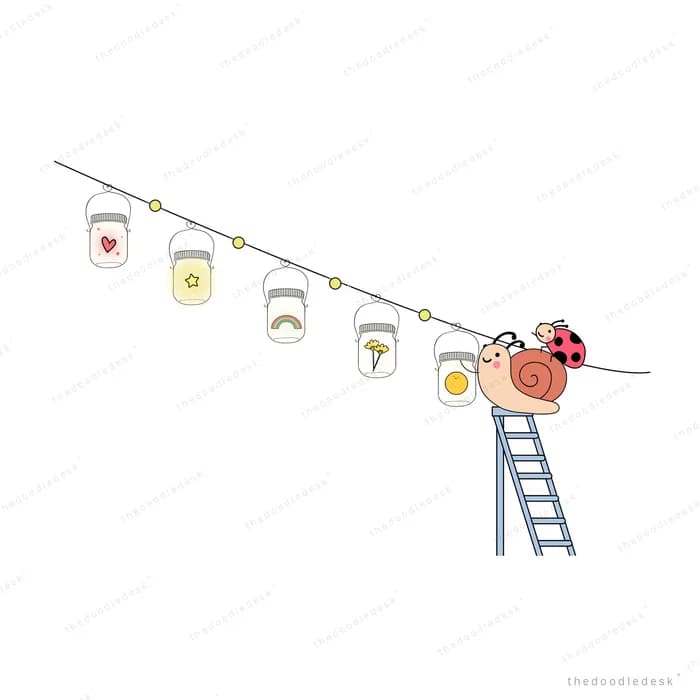 Snail on a ladder stringing lanterns along a line