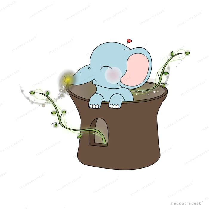 Elephant sitting inside a top hat with vines