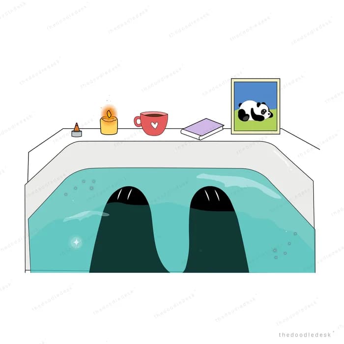 Seals swimming in a teal pool beside a ledge of objects