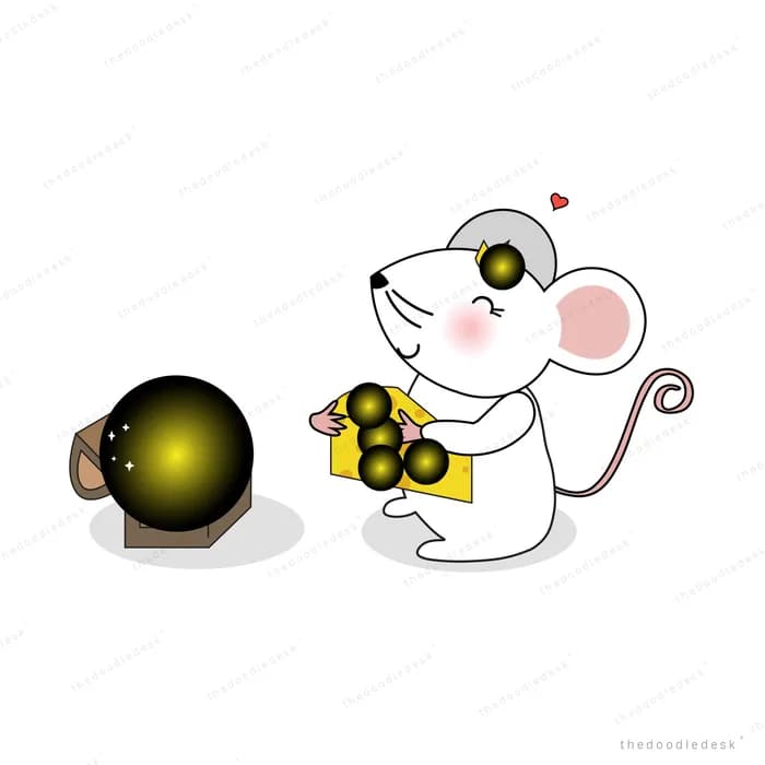 Mouse with a camera photographing a dark orb