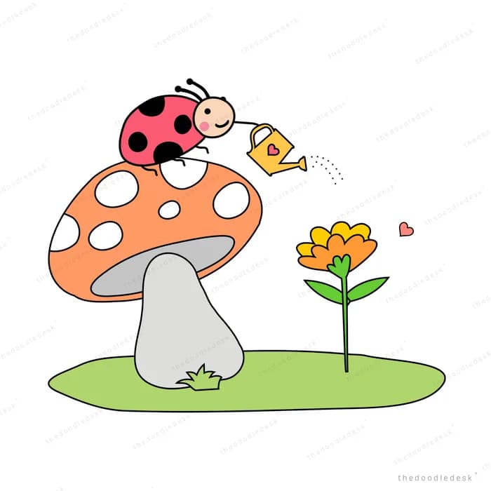 Red toadstool with a ladybug on grass
