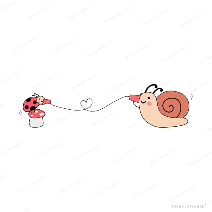 Ladybug and snail connected by a heart string