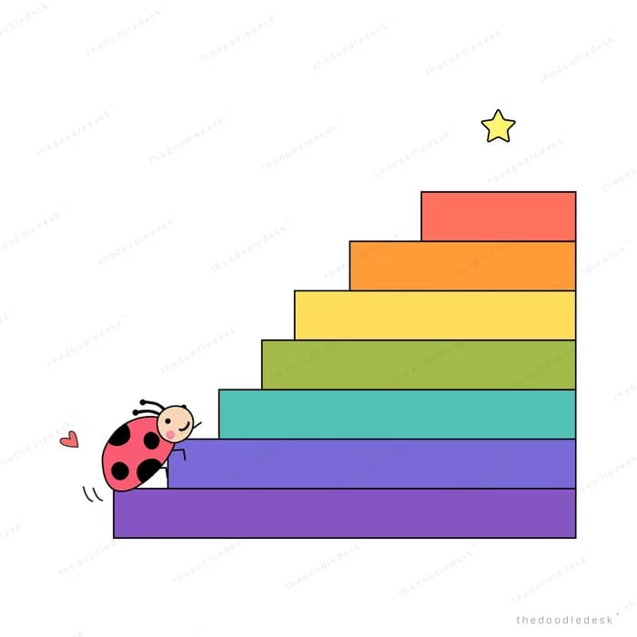 Ladybug climbing rainbow steps toward a star