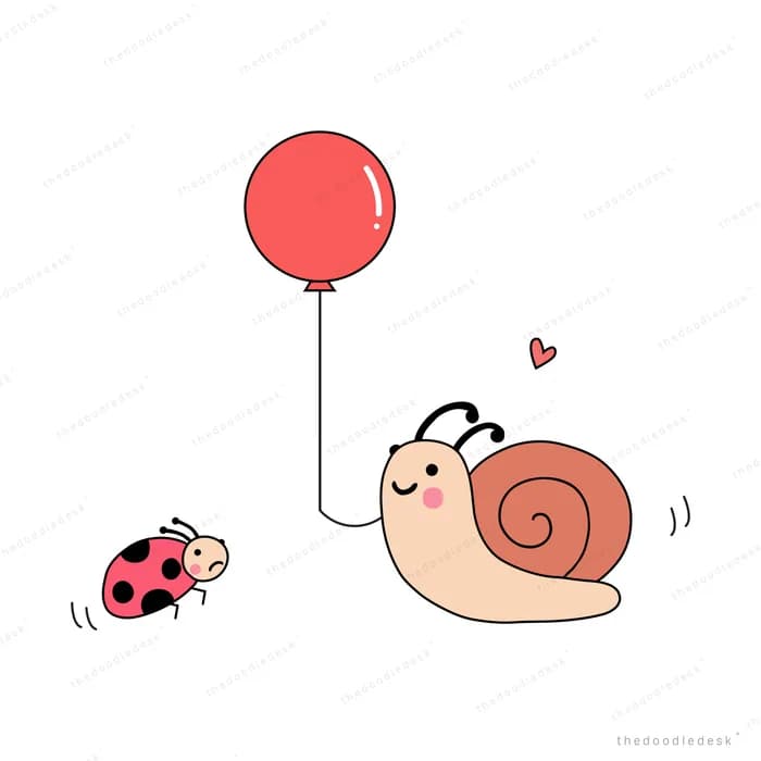 Ladybug holding a red balloon beside a snail
