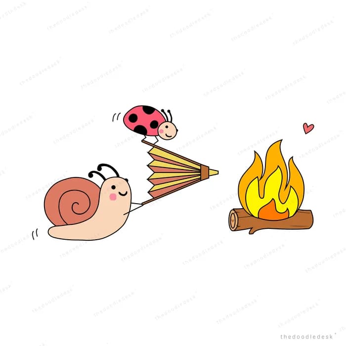 Snail and ladybug beside a small campfire