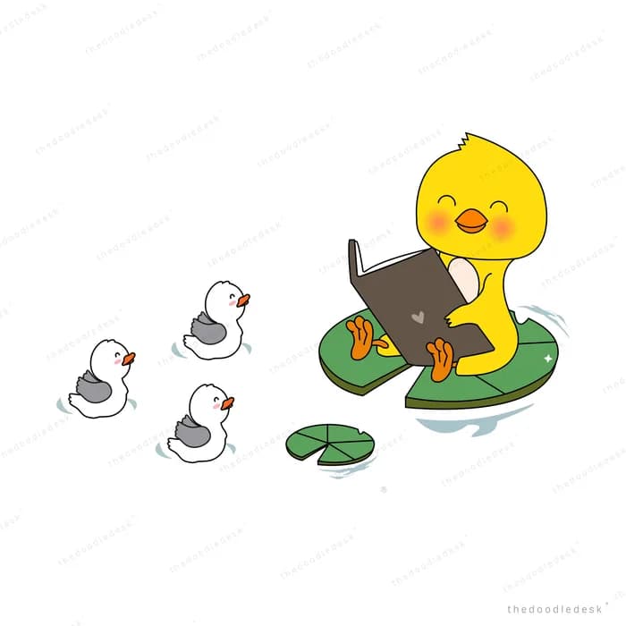 Duck reading on a lily pad with ducklings following