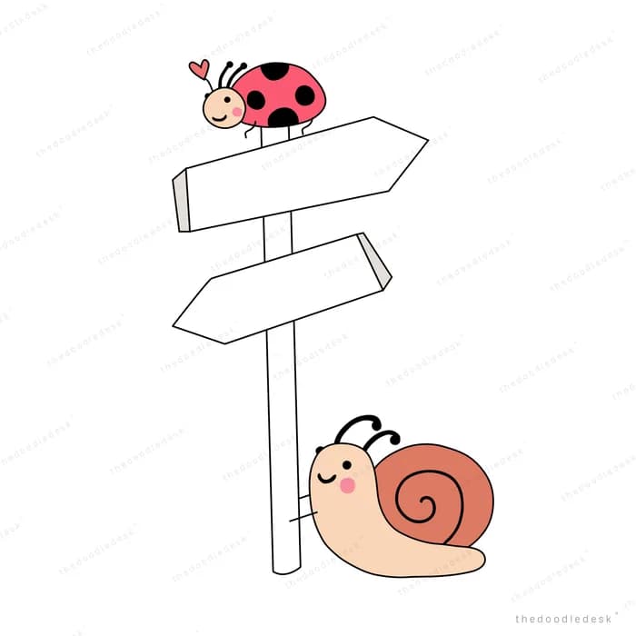 Snail and ladybug beside a wooden signpost