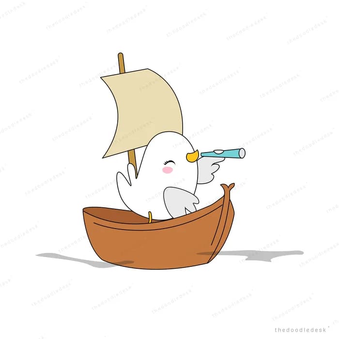 Duck with a telescope in a small sailing boat