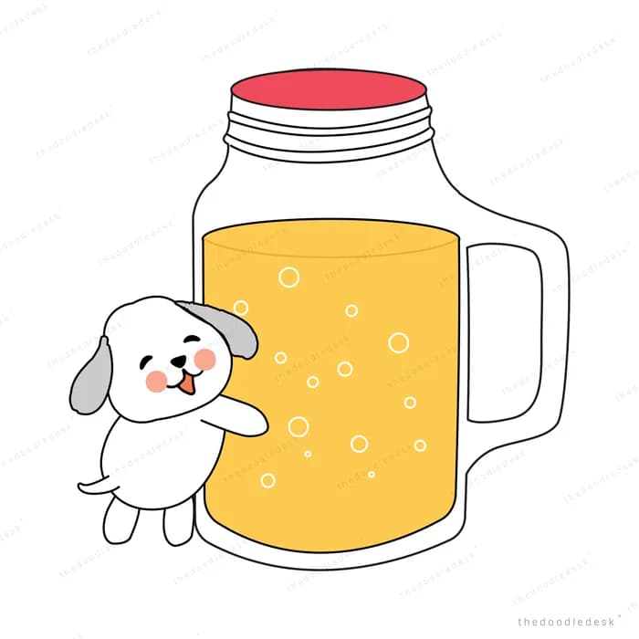 Dog hugging a large jar of orange juice