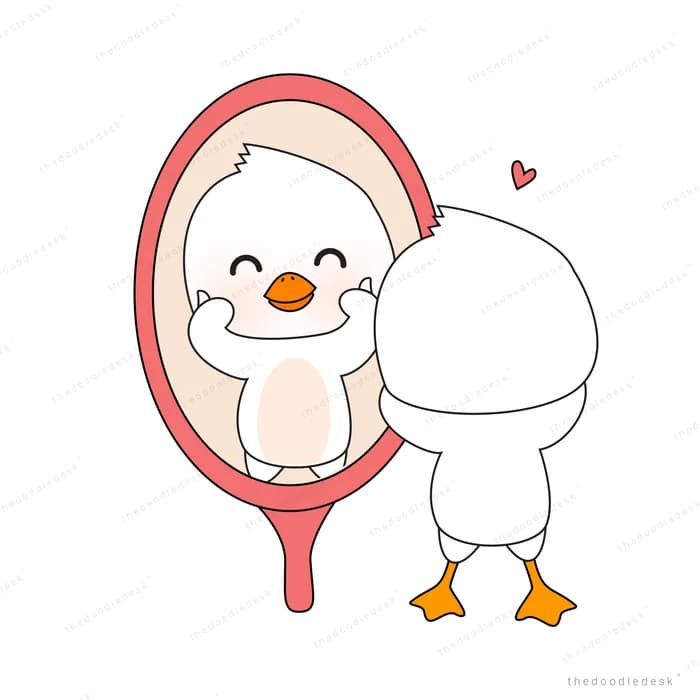 Duck looking at its reflection in a hand mirror