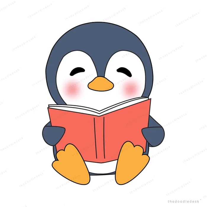 Penguin sitting reading a red book