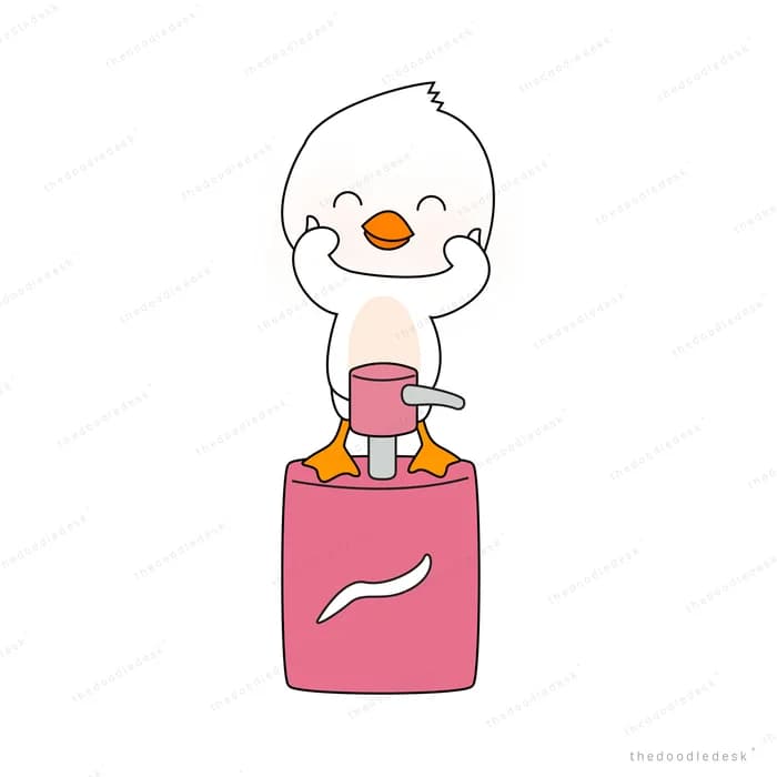 Duck drinking from a pink bottle