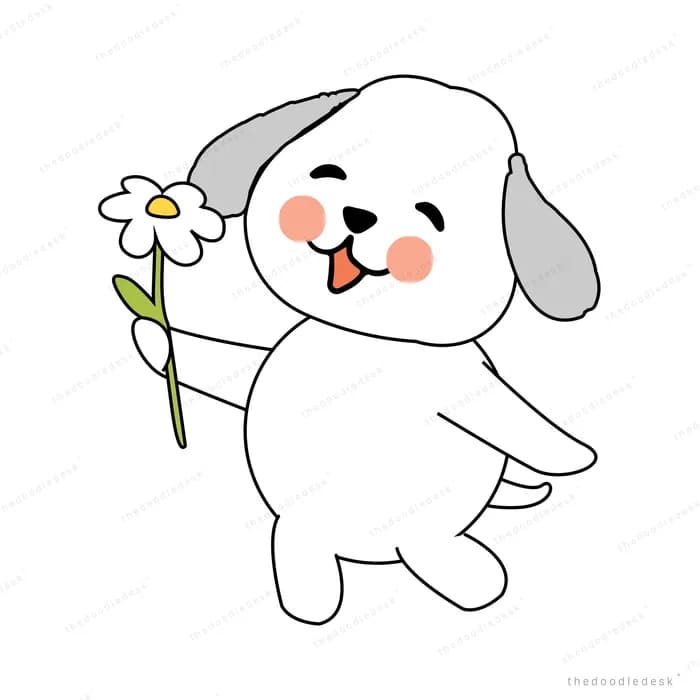 Dog holding a white daisy in its mouth