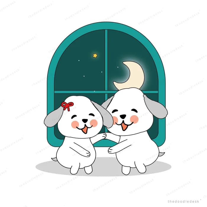 Two dogs at a window under a night sky