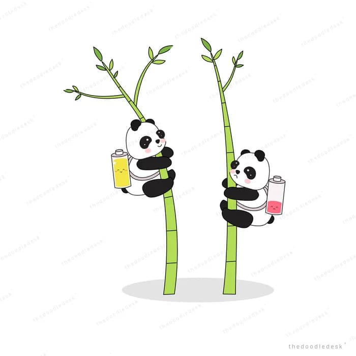 Two pandas climbing bamboo stalks with drinks