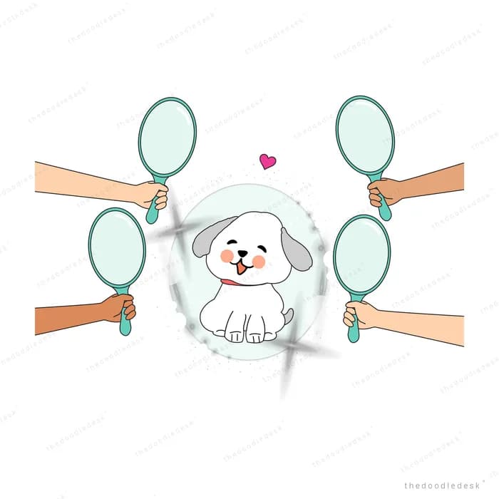 Dog surrounded by hands holding mirrors