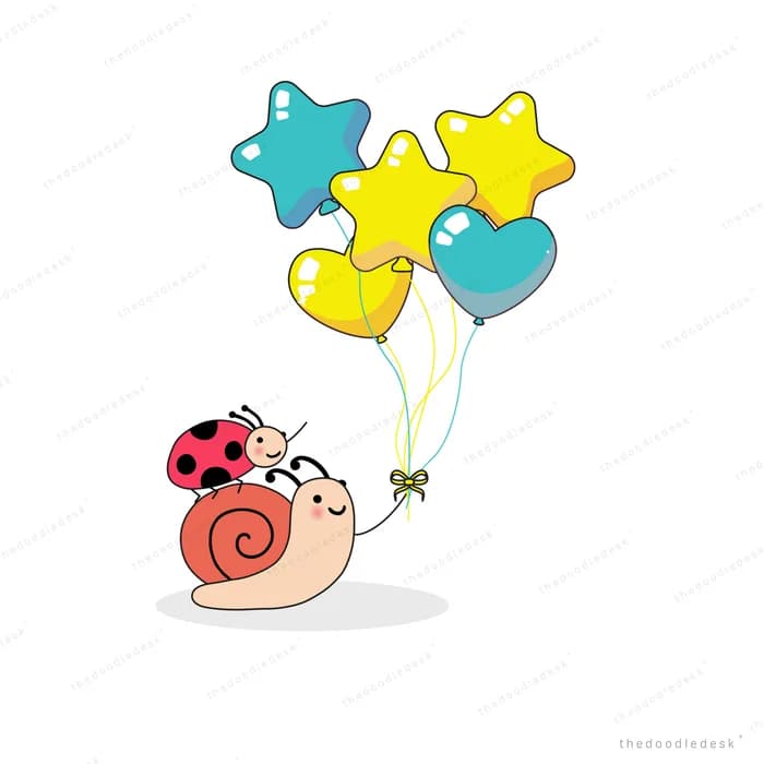 Snail holding star-shaped balloons