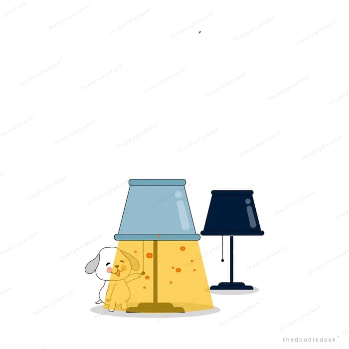 Dog between a lit lamp and an unlit lamp