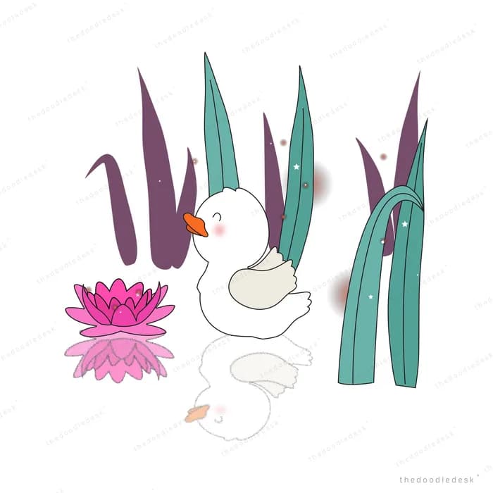 Duck among reeds, lotus flowers and orbs