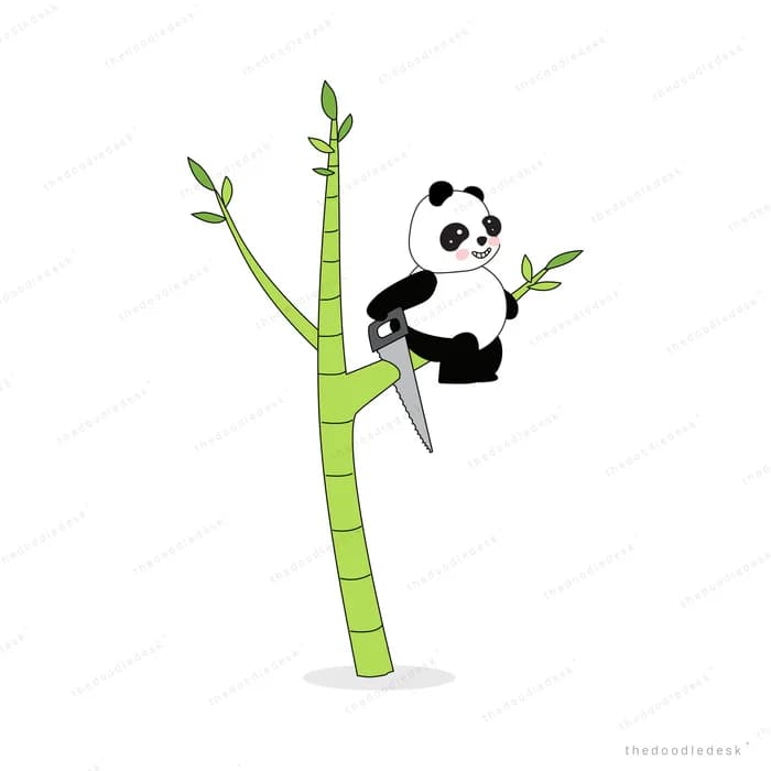 Panda climbing a tall bamboo stalk