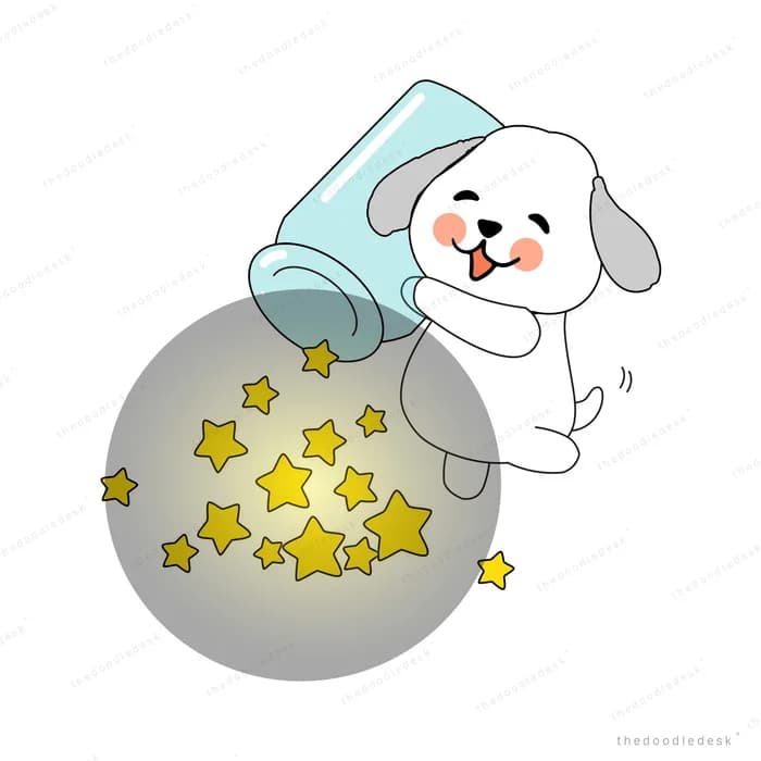 Dog on a grey sphere spilling yellow stars