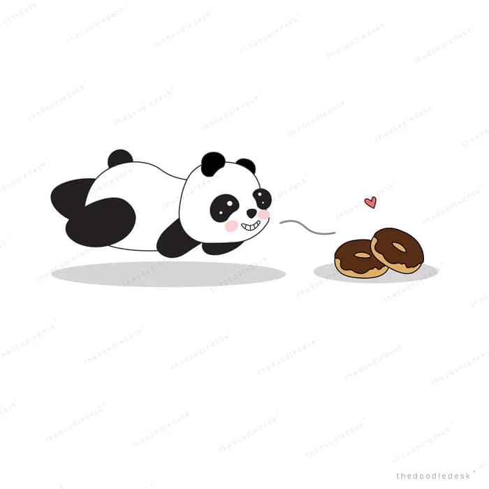 Panda lying flat beside two doughnuts