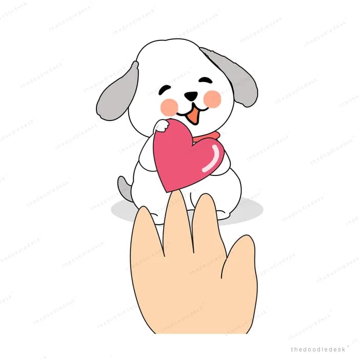 Dog holding a heart above an open human hand