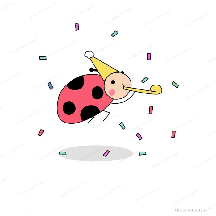 Ladybug in a party hat with a party blower