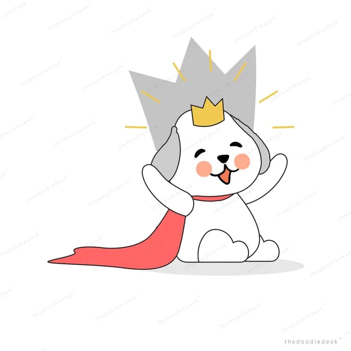 Cat in a crown and red cape sitting proudly