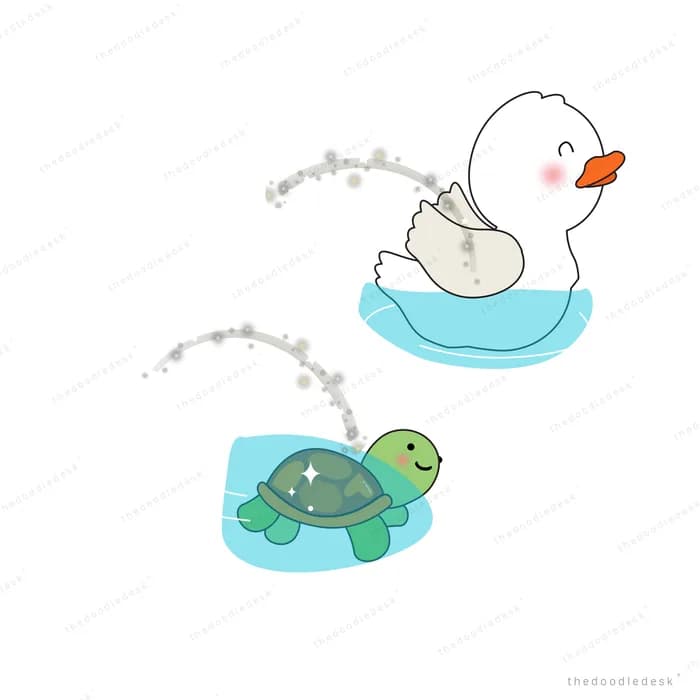 Duck and turtle in small boats trailing beads