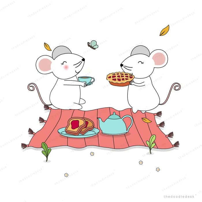 Two mice having a picnic on a red blanket