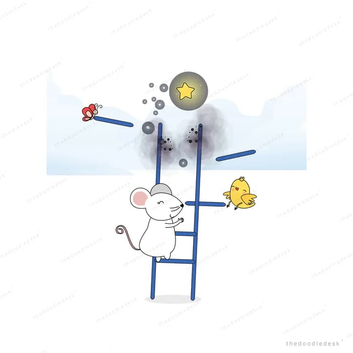 Mouse on a ladder reaching for a dark orb in the sky