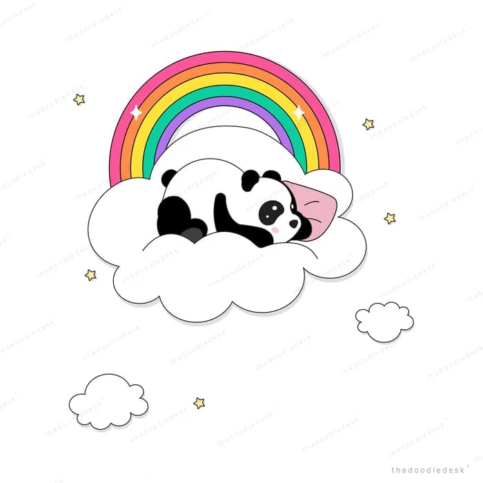 Two pandas asleep on a cloud under a rainbow