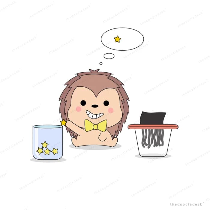 Hedgehog at a desk with a jar and a bin
