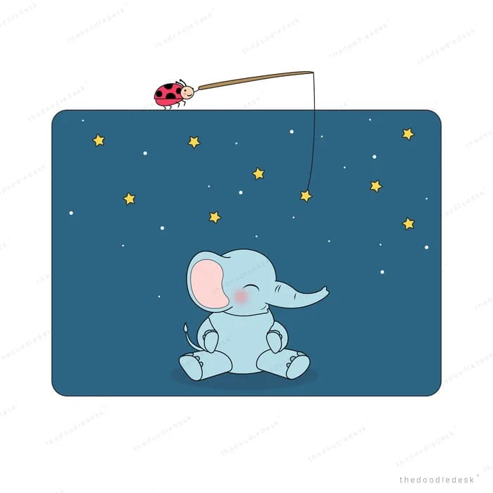 Elephant fishing against a dark starry panel